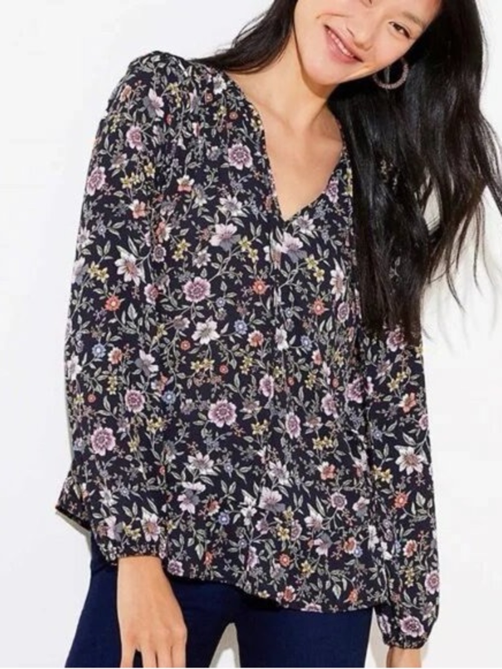 Ann Taylor LOFT Floral Peplum Blouse Long Sleeve V Neck